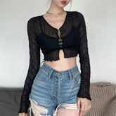 Schwarzes Gothic-Crop-Top mit langen Ärmeln aus transparentem Netzstoff